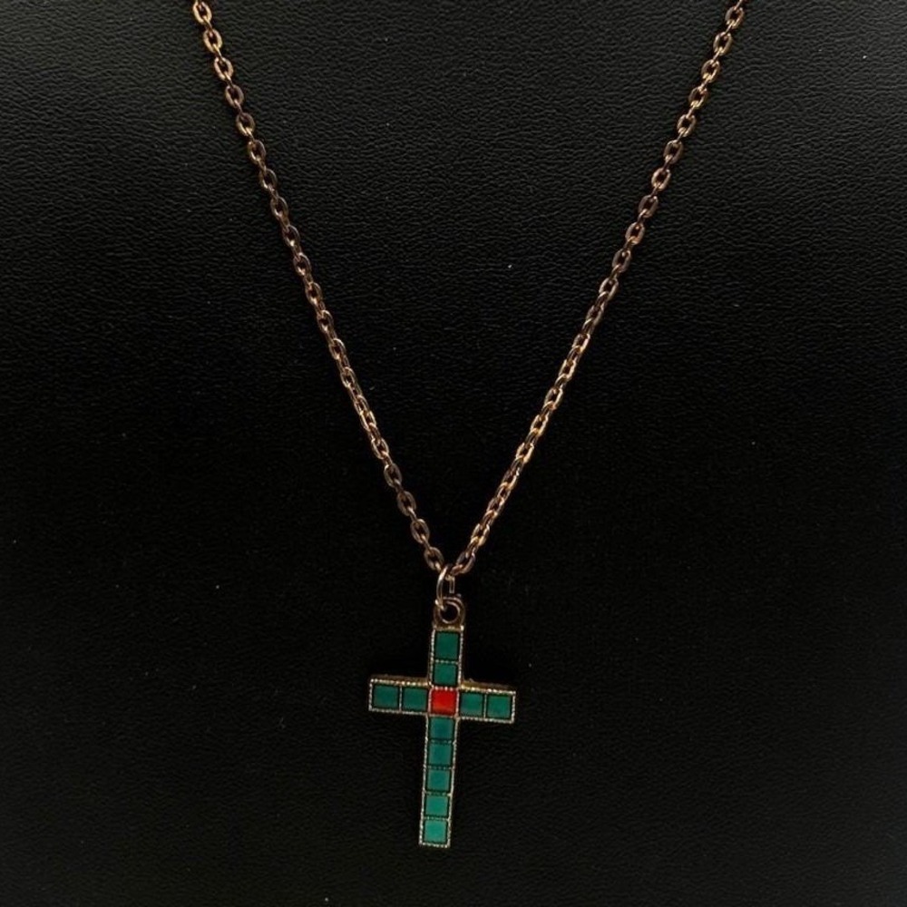Vintage Gold Chain Necklace Turquoise Enamel Cross Pendant Southwestern Style